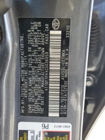 2012 TOYOTA CAMRY BASE  