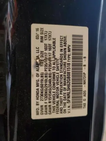 2016 HONDA ODYSSEY EXL  