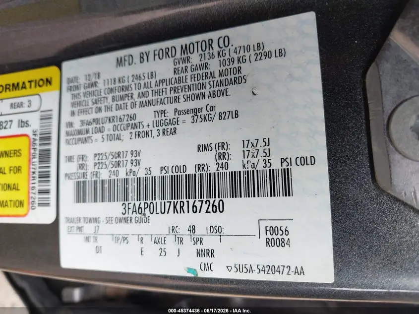 2019 FORD FUSION HYBRID SE