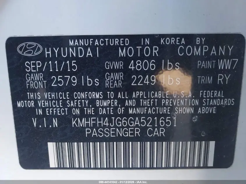 2016 HYUNDAI AZERA LIMITED