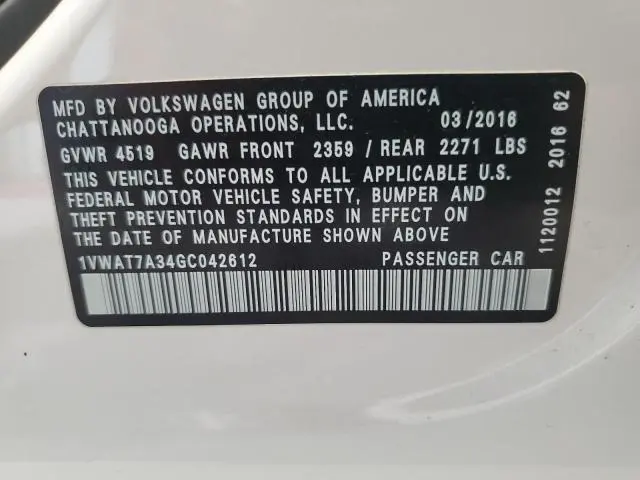 2016 VOLKSWAGEN PASSAT S  
