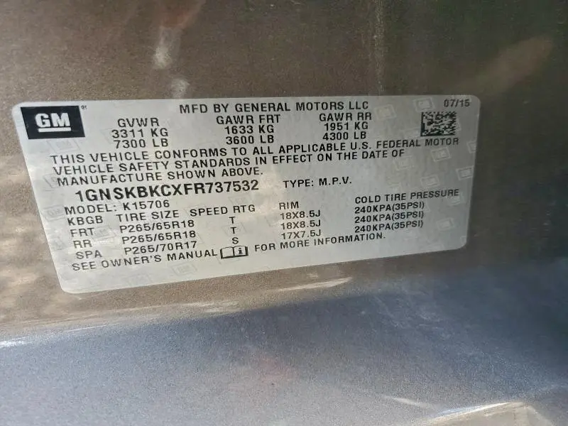 2015 CHEVROLET TAHOE K1500 LT  