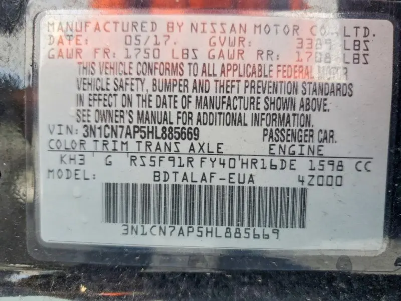 2017 NISSAN VERSA 1.6 S  
