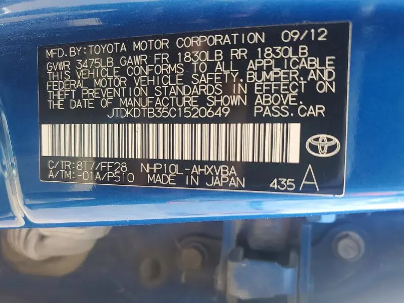 2012 TOYOTA PRIUS C TWO  