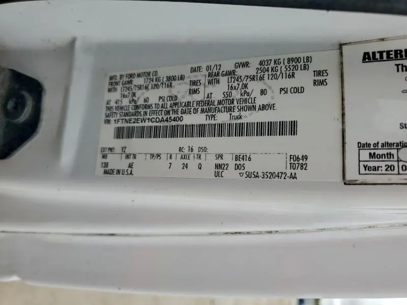 2012 FORD ECONOLINE E250 VAN  