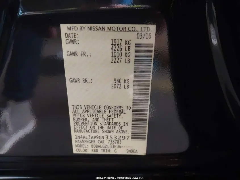 2016 NISSAN ALTIMA 2.5/2.5 S/2.5 SL/2.5 SR/2.5 SV