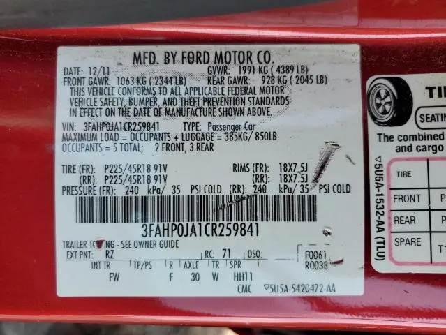 2012 FORD FUSION SEL  