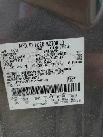 2012 FORD F150 SUPER CAB  