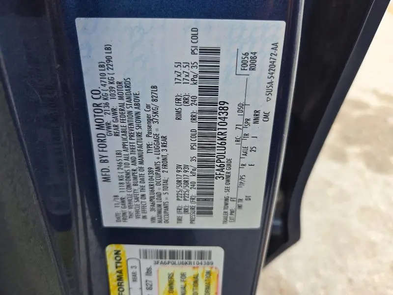 2019 FORD FUSION SE  