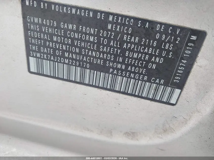 2013 VOLKSWAGEN JETTA 2.0L S