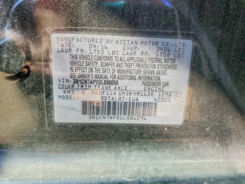 2016 NISSAN VERSA 1.6 SV  