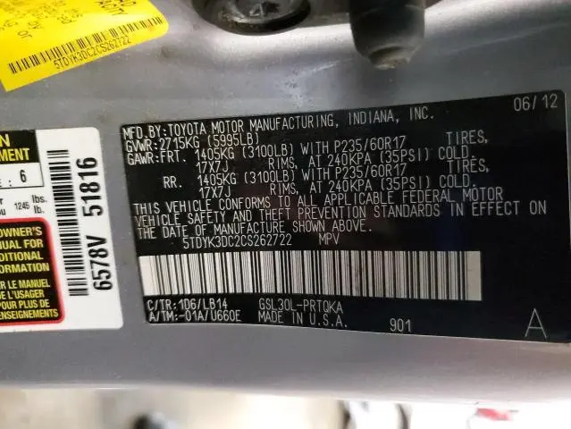 2012 TOYOTA SIENNA XLE  