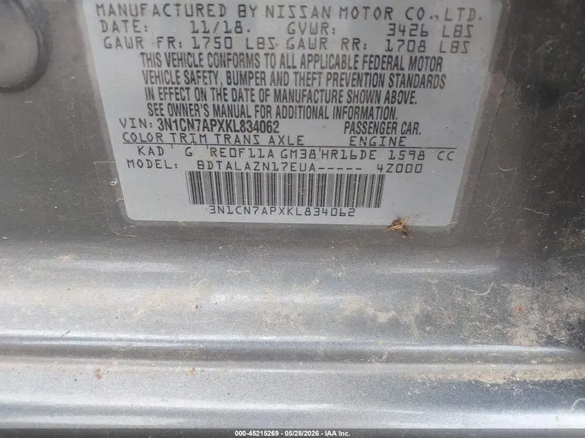 2019 NISSAN VERSA 1.6 S+