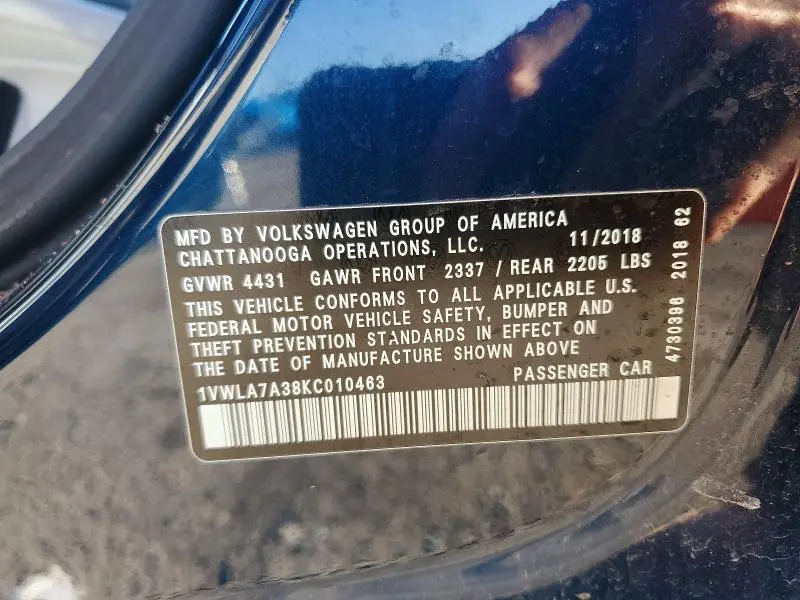 2019 VOLKSWAGEN PASSAT WOLFSBURG  