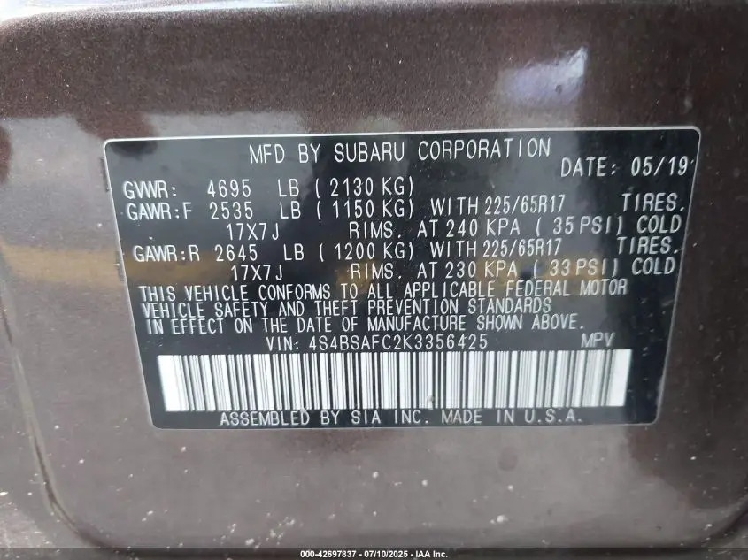2019 SUBARU OUTBACK 2.5I PREMIUM