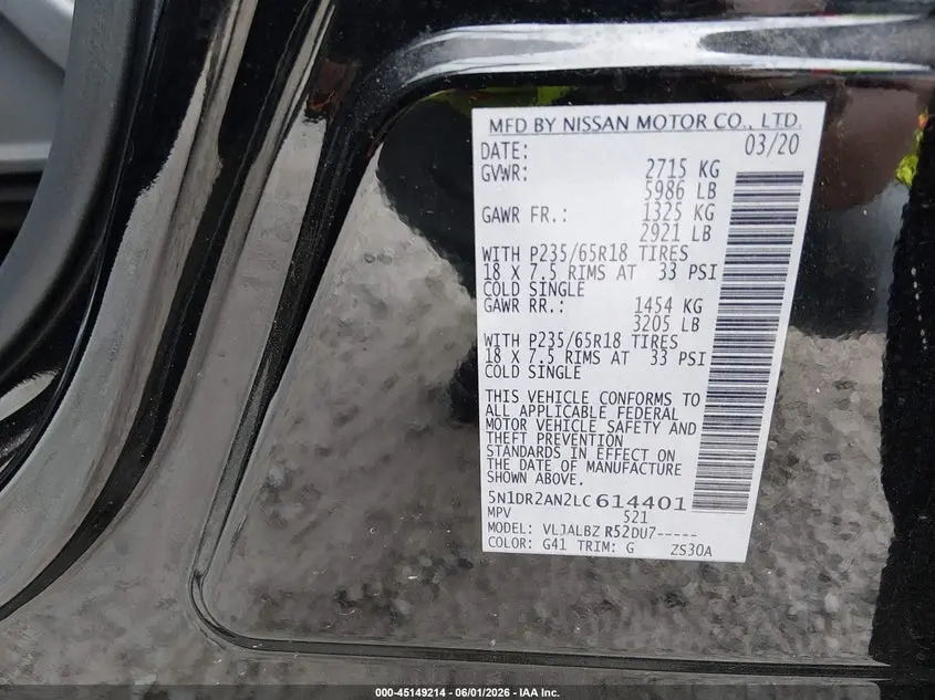 2020 NISSAN PATHFINDER S 2WD