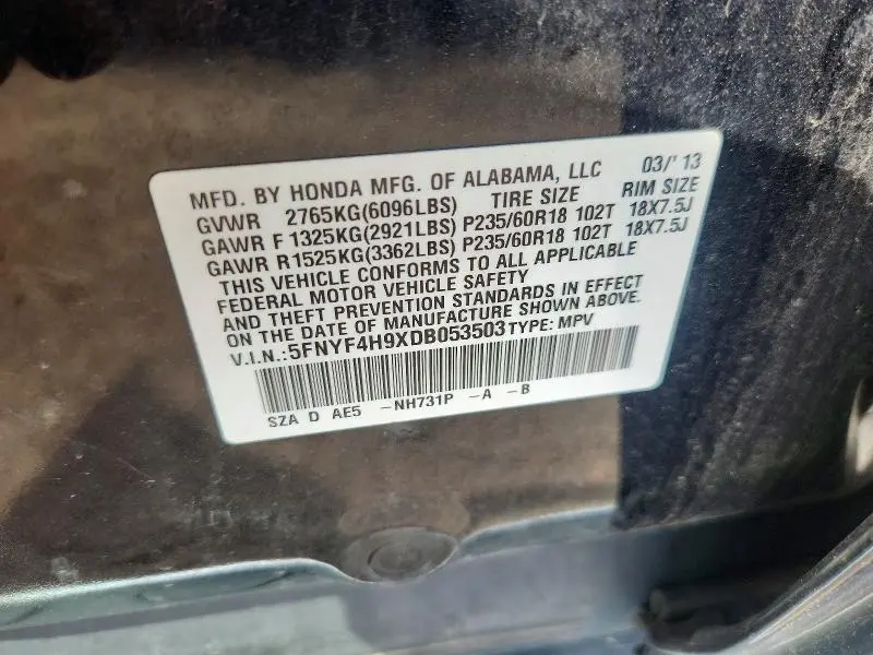 2013 HONDA PILOT TOURING  