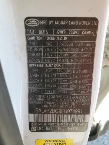 2015 LAND ROVER RANGE ROVER EVOQUE PURE PLUS  