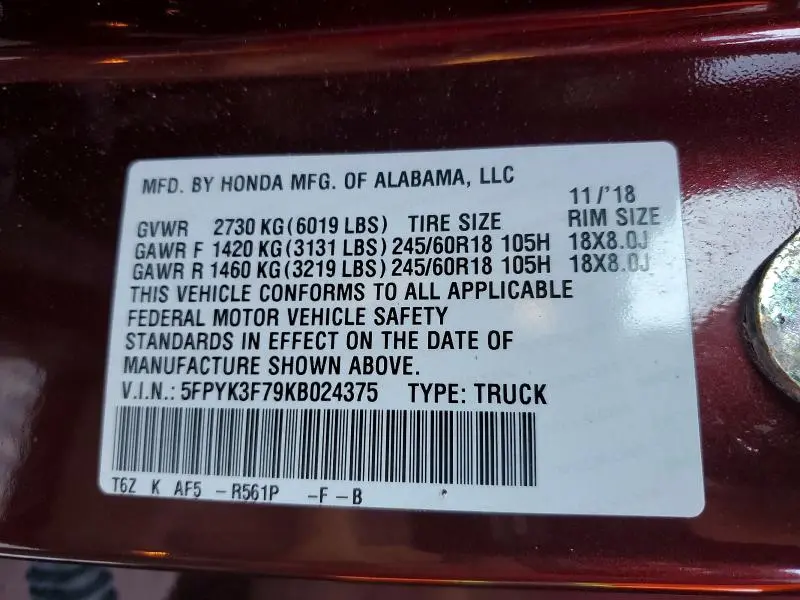 2019 HONDA RIDGELINE RTL  