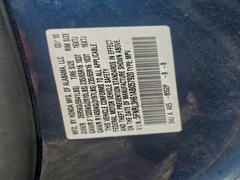 2010 HONDA ODYSSEY EXL  