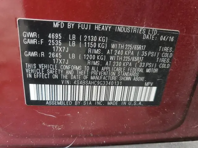 2016 SUBARU OUTBACK 2.5I PREMIUM  
