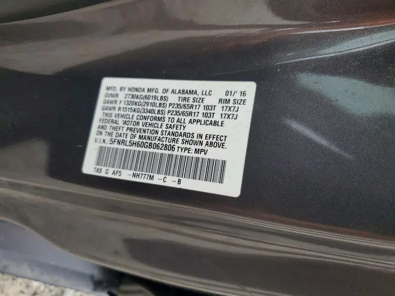 2016 HONDA ODYSSEY EXL  