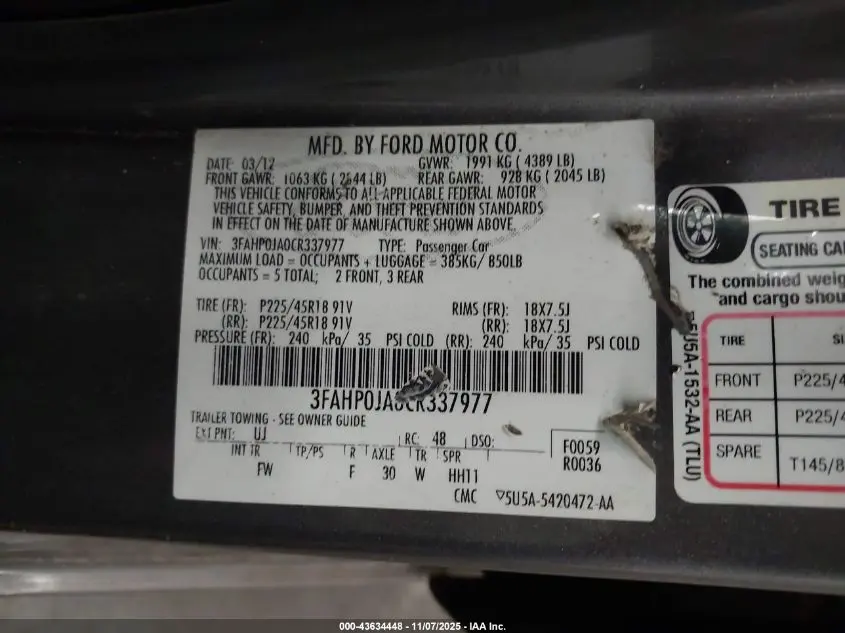 2012 FORD FUSION SEL