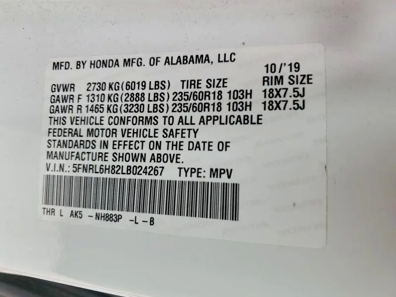 2020 HONDA ODYSSEY TOURING  