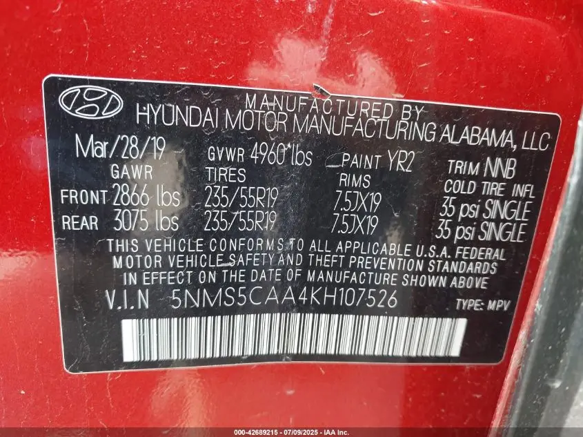 2019 HYUNDAI SANTA FE LIMITED 2.0T
