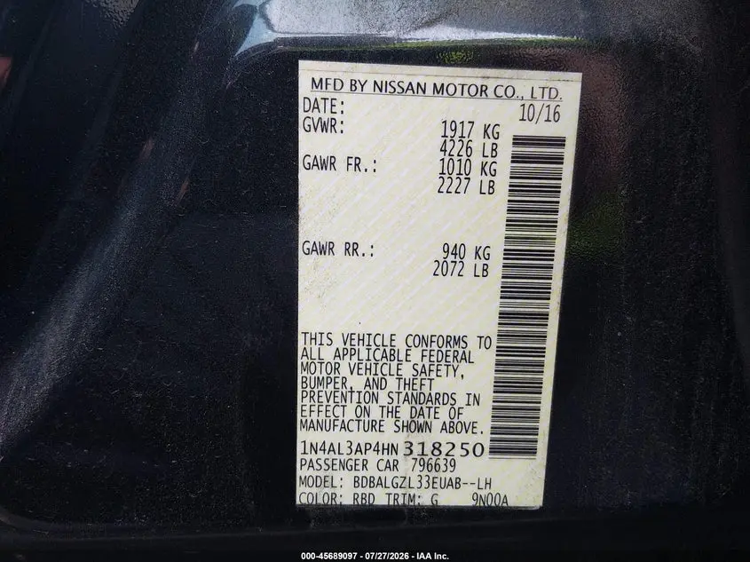 2017 NISSAN ALTIMA 2.5/2.5 S/2.5 SL/2.5 SR/2.5 SV