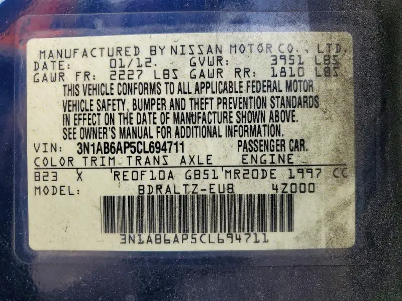 2012 NISSAN SENTRA 2.0/2.0S/SR/2.0SL  