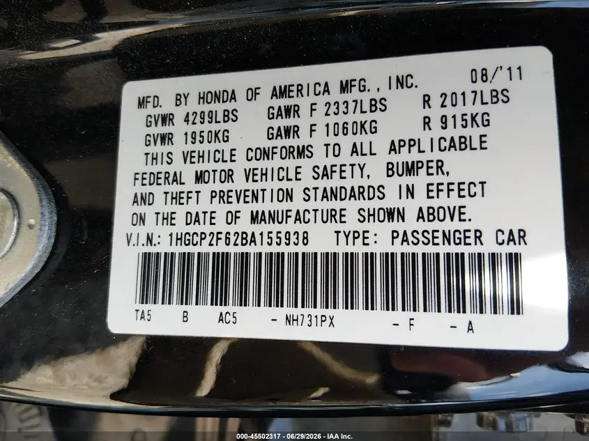 2011 HONDA ACCORD 2.4 SE