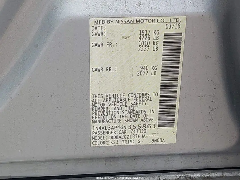 2016 NISSAN ALTIMA 2.5/2.5 S/2.5 SL/2.5 SR/2.5 SV