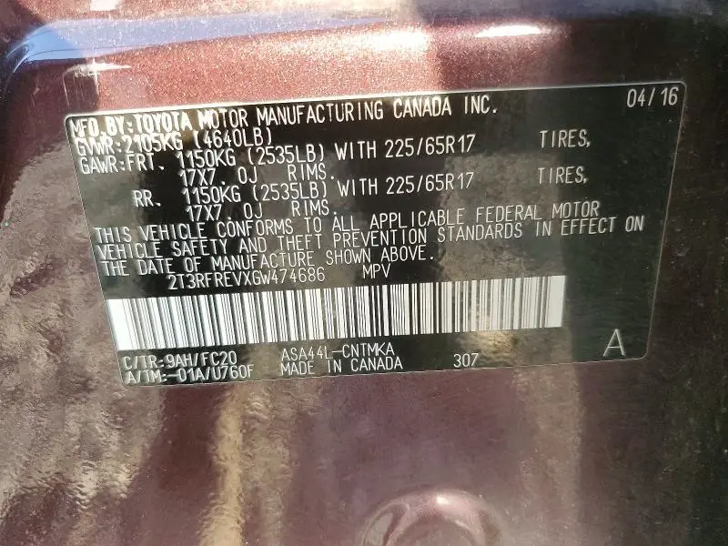 2016 TOYOTA RAV4 XLE  