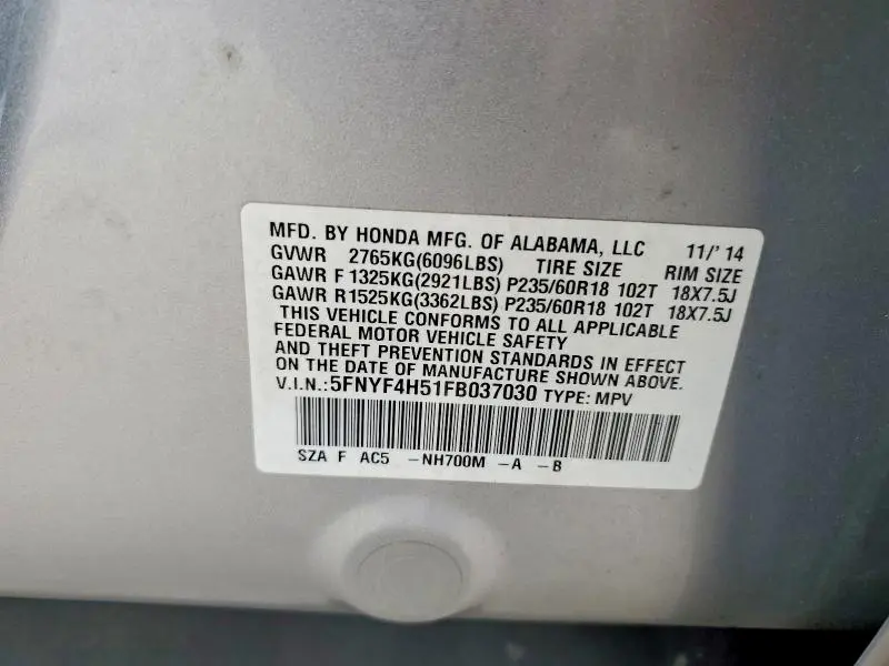 2015 HONDA PILOT EXL  