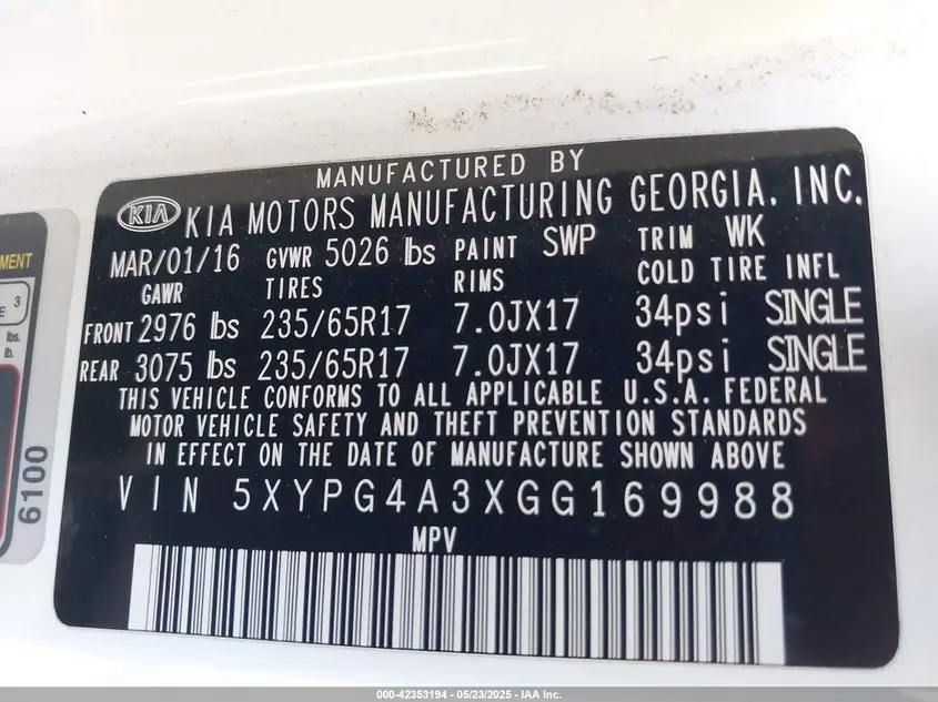 2016 KIA SORENTO 2.4L LX