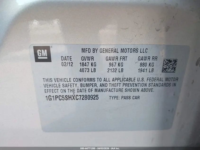 2012 CHEVROLET CRUZE LS