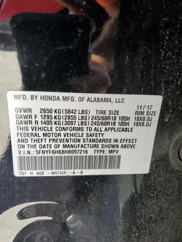 2017 HONDA PILOT EXL  