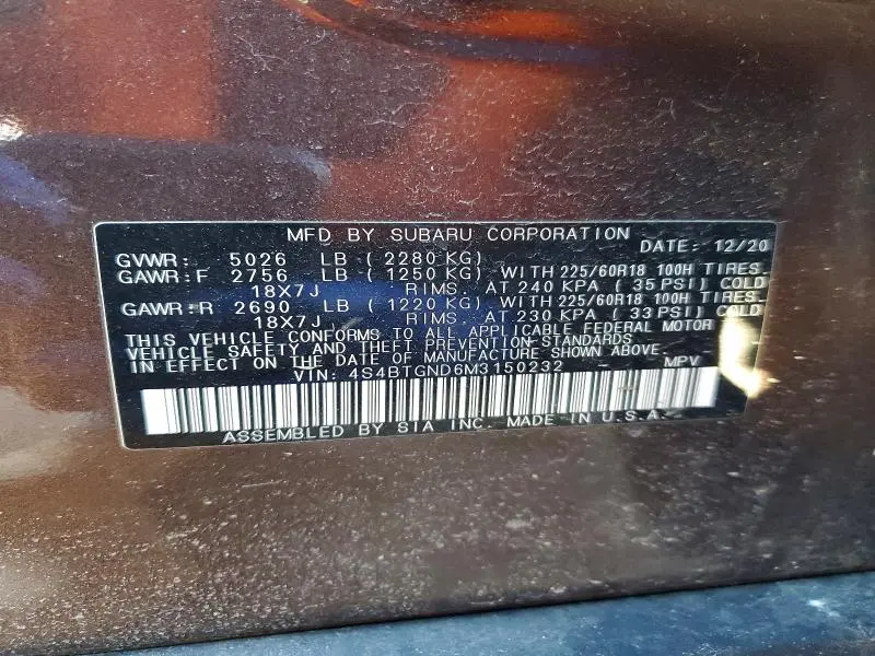 2021 SUBARU OUTBACK LIMITED XT  