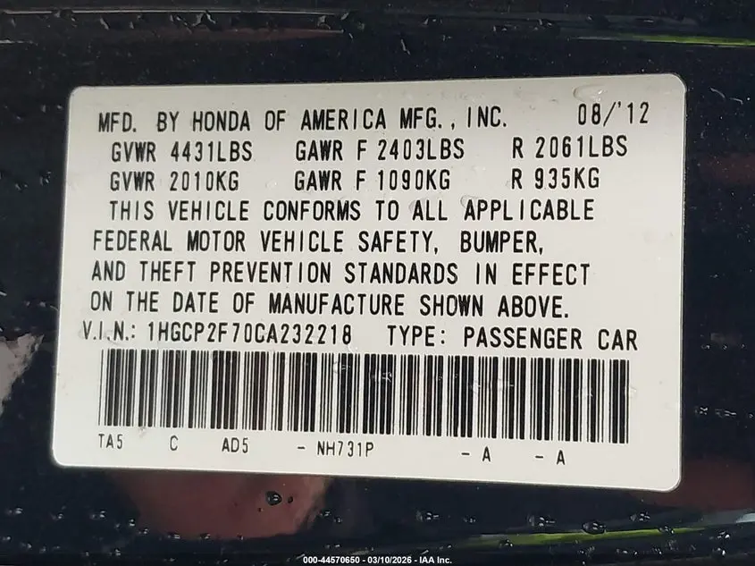 2012 HONDA ACCORD 2.4 EX