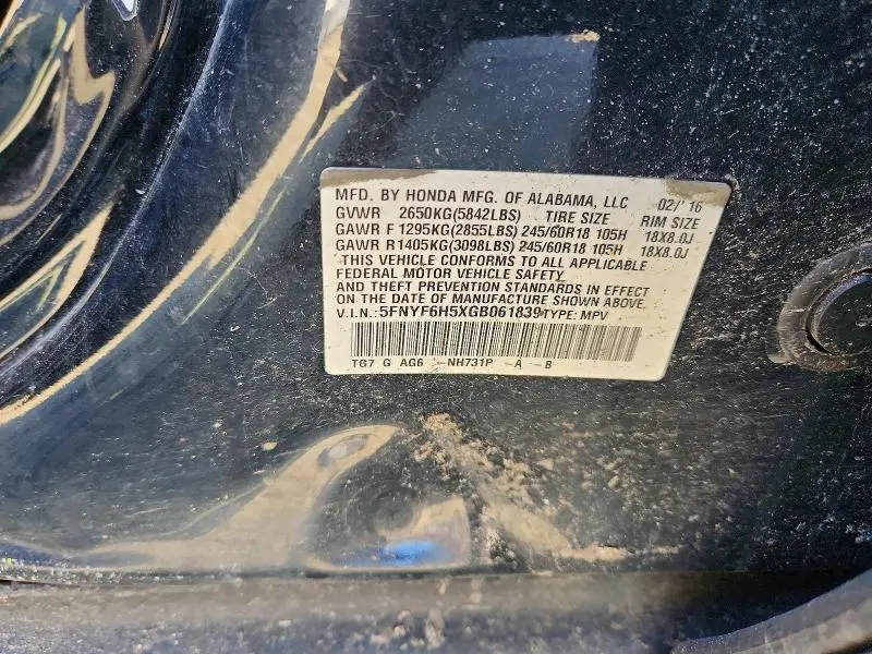 2016 HONDA PILOT EXL  