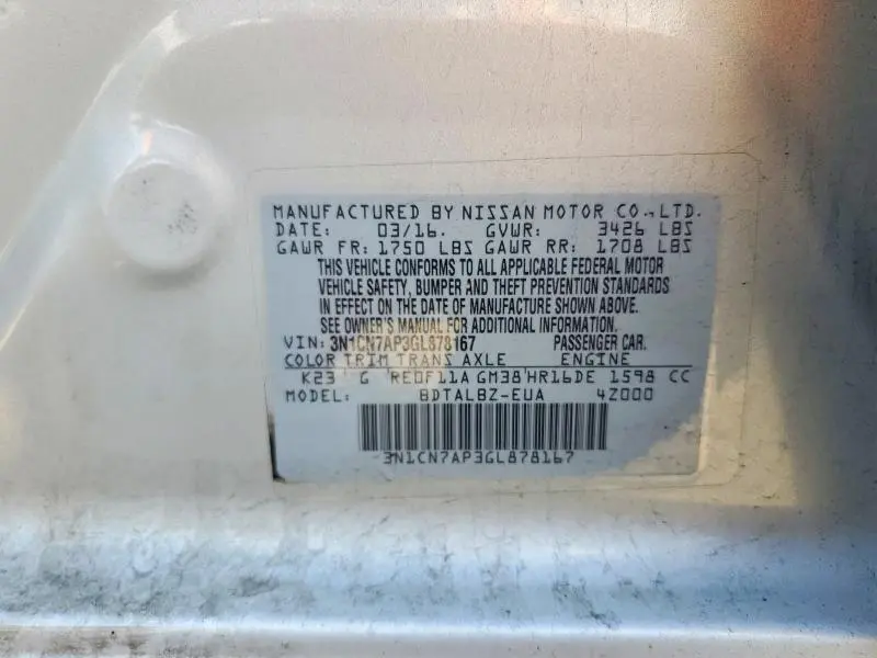 2016 NISSAN VERSA 1.6 SV  