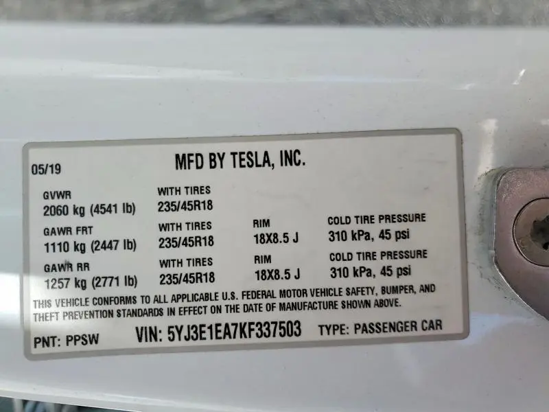 2019 TESLA MODEL 3   