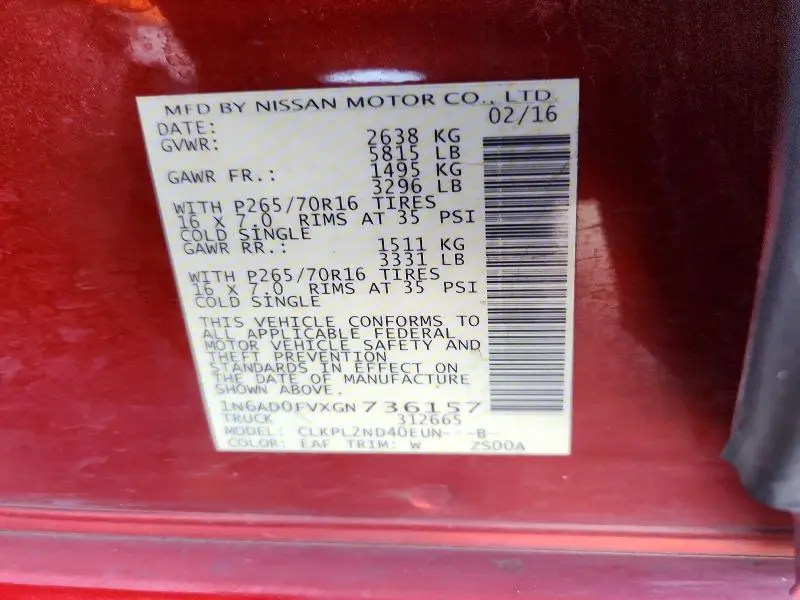 2016 NISSAN FRONTIER SV  