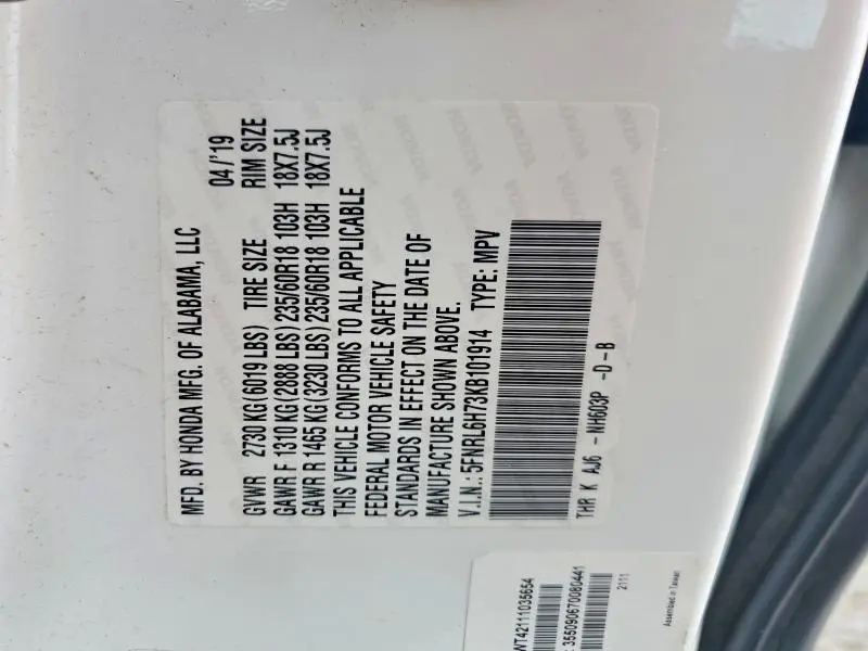 2019 HONDA ODYSSEY EXL  