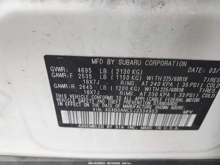2018 SUBARU OUTBACK 2.5I LIMITED