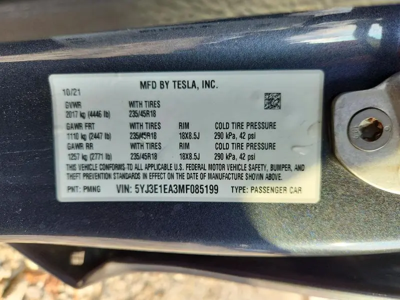 2021 TESLA MODEL 3   