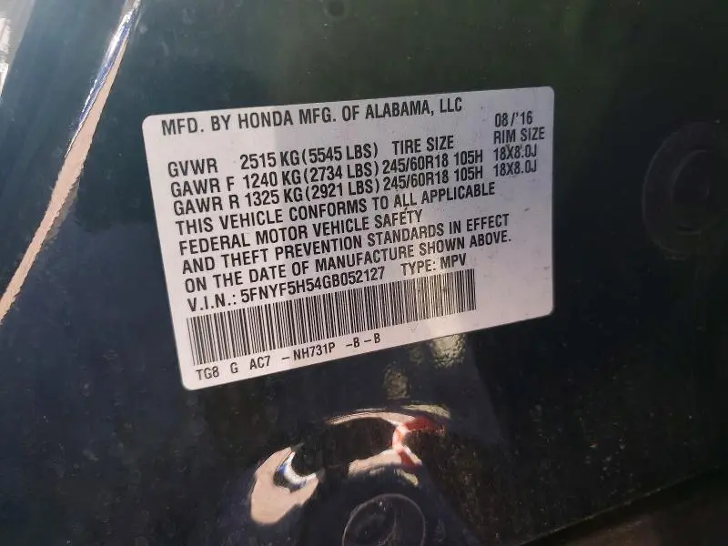 2016 HONDA PILOT EXL  