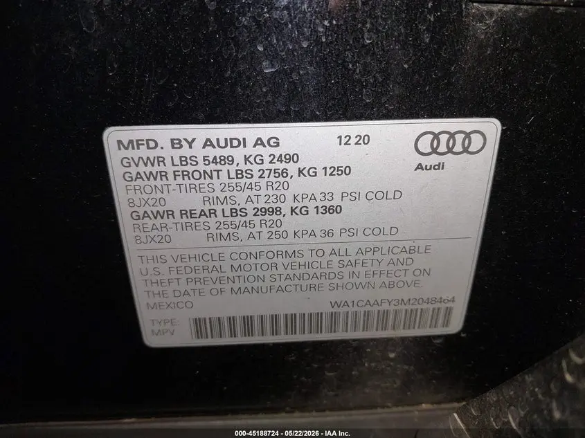2021 AUDI Q5 PRESTIGE 45 TFSI QUATTRO S TRONIC