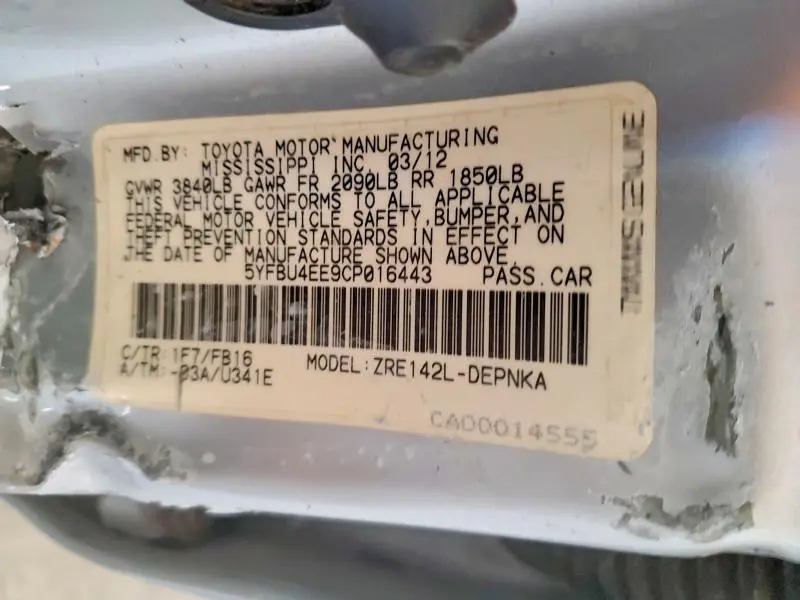 2012 TOYOTA COROLLA BASE  